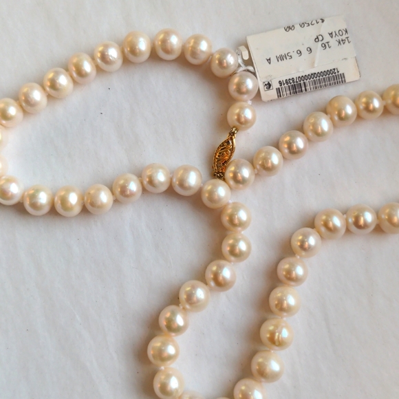Macy's Jewelry - Macy's 14K Akoya pearl necklace. New. Round, white 16" long. Solid gold clasp.